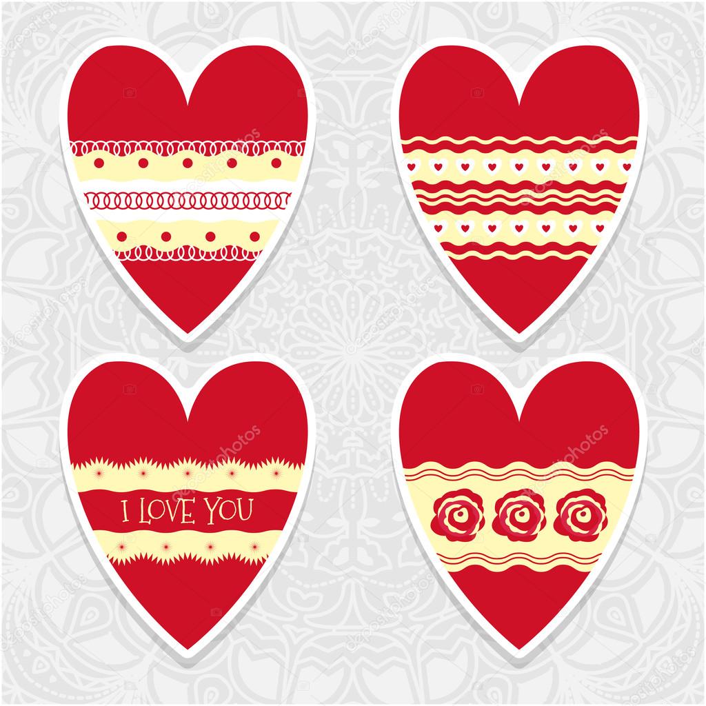 Hand drawn set of red hearts. Red valentine hearts with laces. V