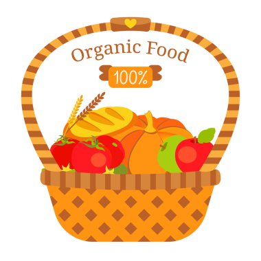 Vektör hasır sepet sağlıklı organik taze ve doğal gıda dolu.