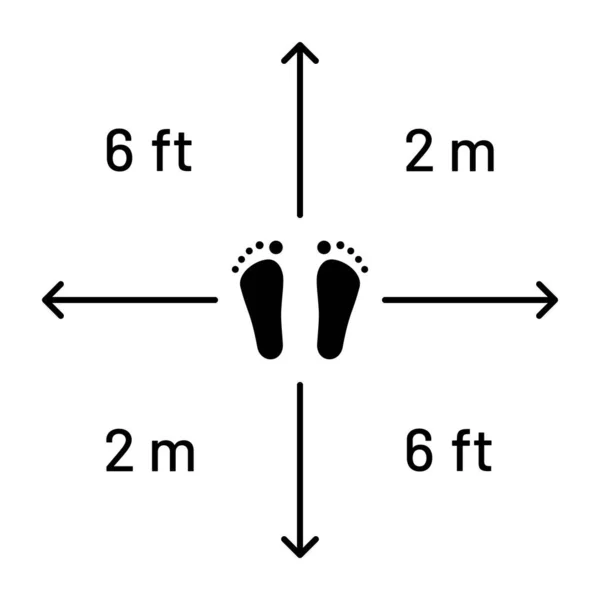 有6英尺或2米标记的脚和箭 在公共场所流行情况下保持健康距离的概念 地板上白色背景的黑色信息贴纸 可打印任何尺寸 — 图库矢量图片