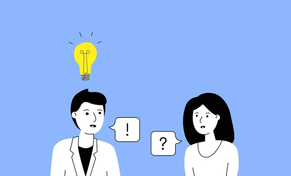 Bir fikirle kadın ve erkek arasında diyalog. Beyin fırtınası konsepti, danışmanlık, modern, yaratıcı, iş adamlarının sohbet iletişimi, sosyal ağı tartışmak. mavi arkaplanda çift