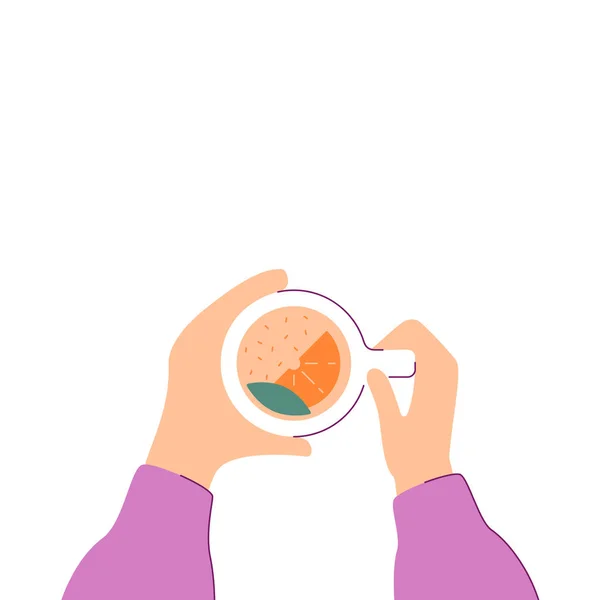 手拿着橙子和沙棘的茶 在白色背景上孤立的图形设计 平坦的风格 早上喝一杯热饮的概念 休息的时间 招贴画 咖啡馆卡片 — 图库矢量图片