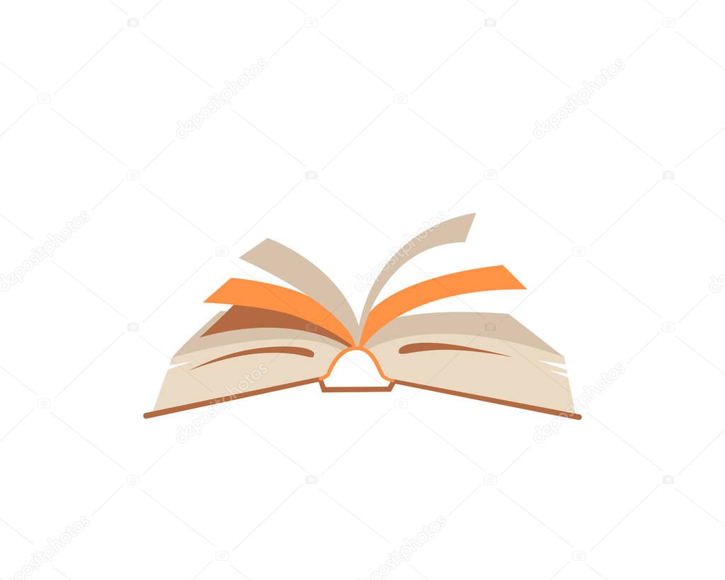 Open brown orange book. simple color silhouette or sign of handbook, glossary, guidebook, journal, vocabulary, brochure, diary on white background. concept of storytelling, publication, bookshop