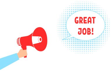 Hoparlörlü el ve konuşma baloncuğu harika iş. Sosyal medyada iyi bir iş motivasyonu mesajı ya da kartpostalda yapılan görev veya doğru çözüm hakkında, gerçekleştirme fikri. beyaz üzerine izole basit işaret