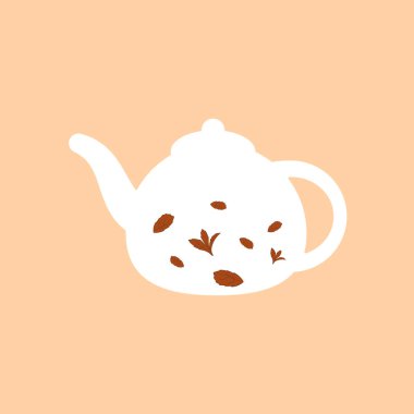 Siyah çayla beyaz çaydanlık. Kahverengi çay yaprakları. Çay seremonisi. Mutfak gereçleri ya da kafe için. Ürün paketi. Bej arkaplanda basit işaret