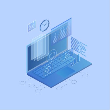 Bilgisayar, belgeler, konuşma baloncukları, grafik, program. Dijital güvenlik, analiz ve istatistiksel veri kavramı, programlama kodu, planlama, proje yönetimi, iniş sayfası mavi renk