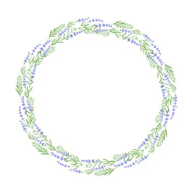 Çiçekli lavanta çelengi veya çerçeve. Kusursuz desen amblemi doğası. Grafik modern tasarım bahar çiçekleri düğün kartı için, ambalaj kağıtları çay veya kumaş için. bitkisel elementler beyaz arkaplanda izole edildi