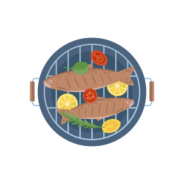 Deux Poissons Grillés Aux Légumes Saumon Citron Tranches Tomate Salade — Image vectorielle