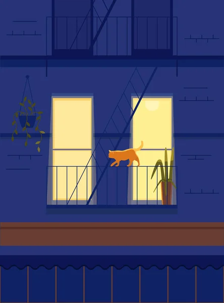 Maison Bleue Nuit Fenêtres Jaunes Chat Orange Façade Bâtiment Sombre — Image vectorielle