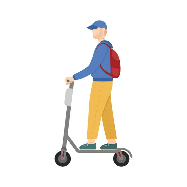 Genç bir adam ve scooter. Gençlik kıyafetleri içinde şık uzun bir adam scooter kullanıyor. Erkek çizgi film karakteri şehir aracına biniyor. Teslimatçı ya da turist olabilir. modern düz tabela beyaz arkaplanda izole