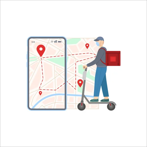 Delivery Man Phone Map Stylish Tall Guy Medical Mask Rides — Stock Vector