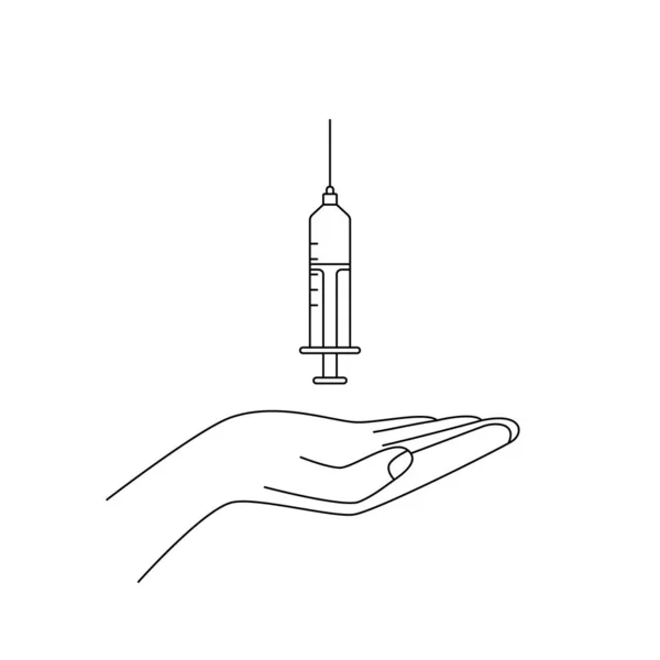 Zwart Lineair Teken Van Hand Spuit Concept Van Medische Zorg — Stockvector