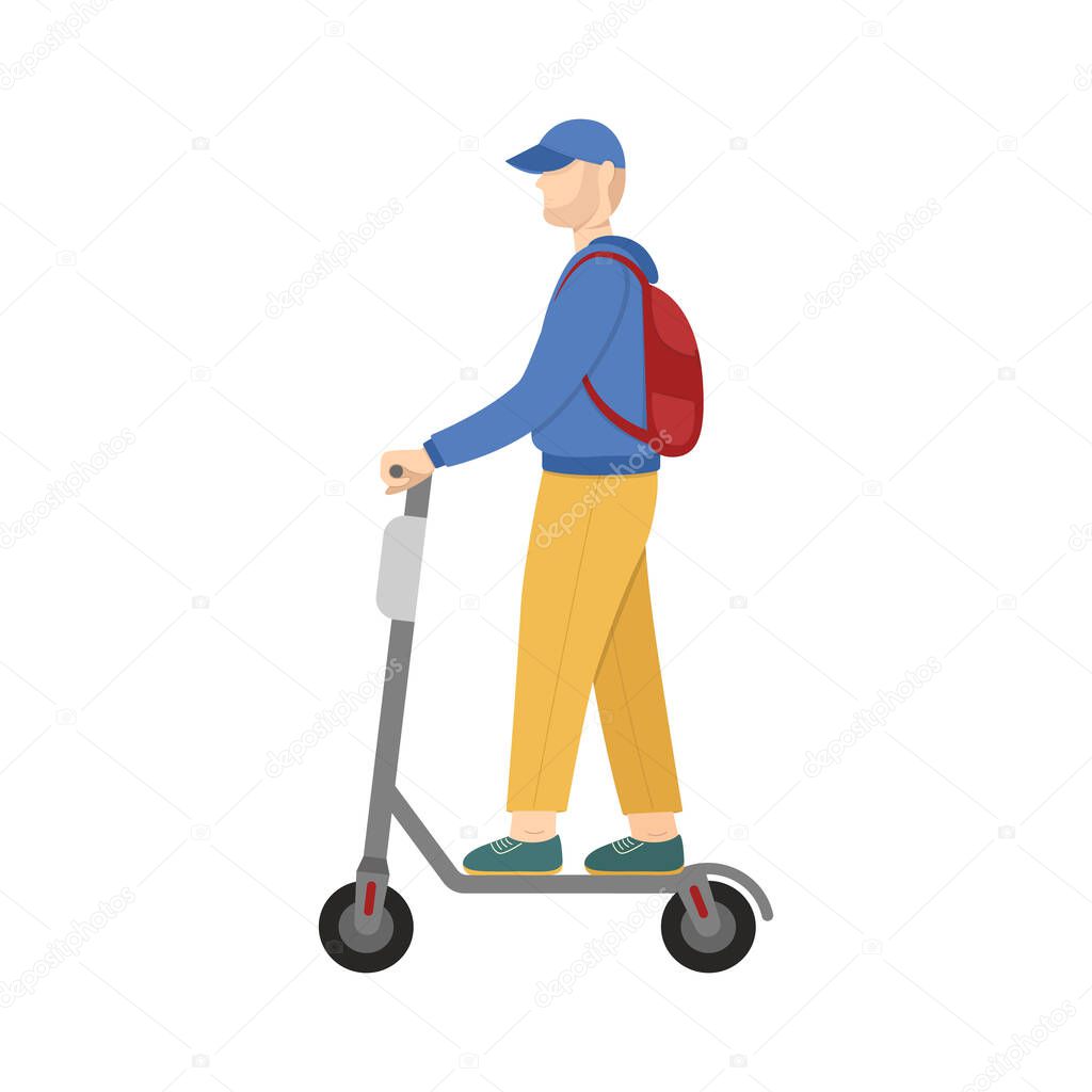 young man and scooter. stylish tall guy in youth clothes rides a scooter. male cartoon character riding urban vehicle. he can be delivery man or tourist. modern flat sign isolated on white background