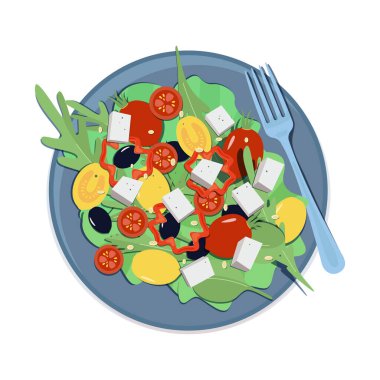 Çatalla tabakta renkli salata. Restoran ya da spor salonu menüsü için lezzetli, sağlıklı, karışık vitamin sebzeleri. Yazdırma ya da web için üst görünüm. Beyaz arkaplanda basit işaret