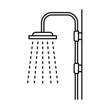 Banyo musluğu tipi yağmur duşu. Duş odası, banyo ve otel hizmetlerinin siyah çizgisel işareti. Hijyen ve tesisat bölümü konsepti, kamu hizmetleri, sağlık hizmetleri. beyaz üzerine pictogram
