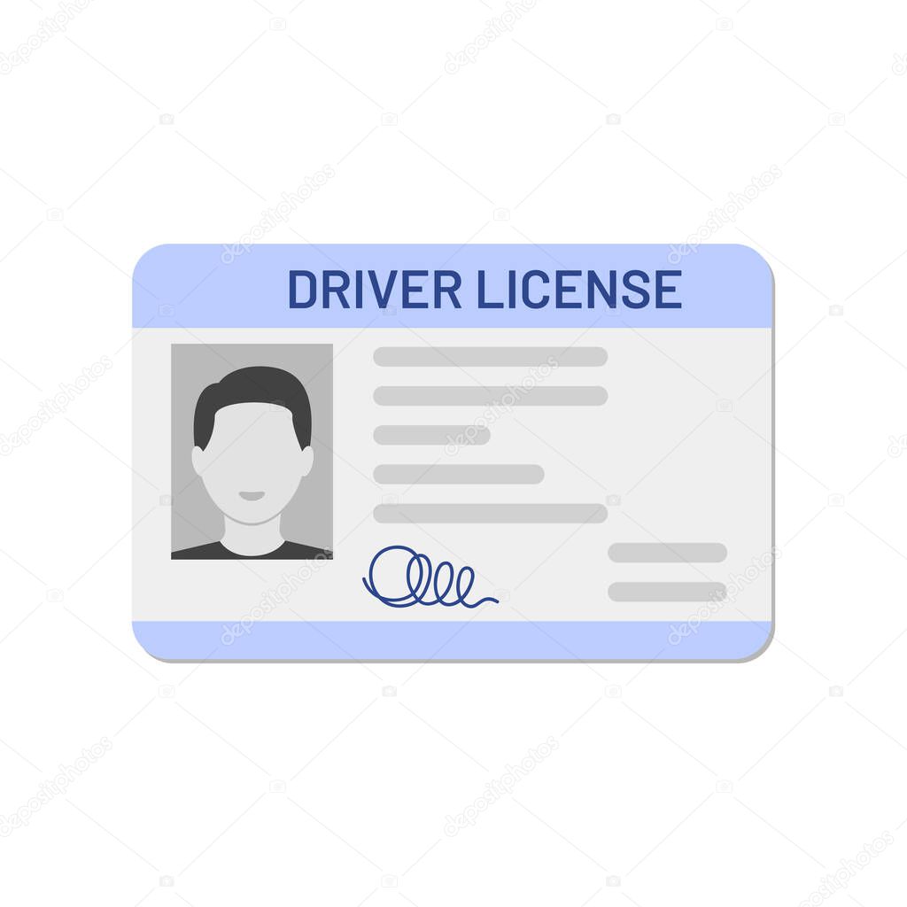 flat template driver license. web plastic id card for vehicle drivers sign for driving school site. concept of identity verification, person data. simple blue element isolated on white background