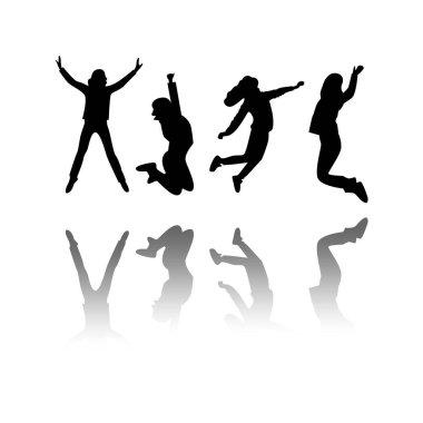 siyah dört zıplayan kız ve gölgeler. Yaşam tarzı konsepti, neşeli ruh hali, komik çocuklar, uçan gençler, neşeli özgürlük düşkünü öğrenciler. Basit tasarım, siyah işaret beyaz arkaplanda izole edilmiş