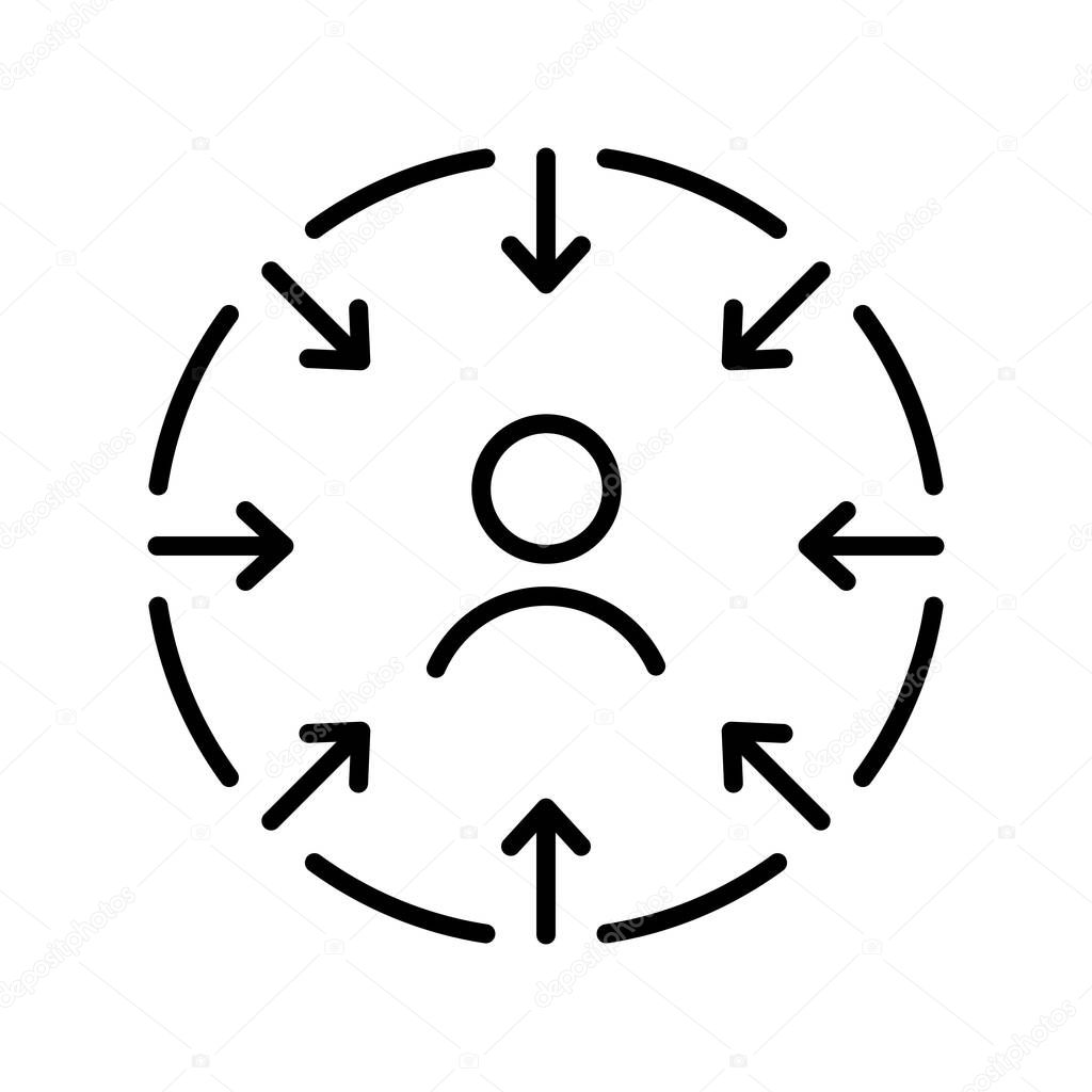 Linear customer centricity sign. concept of targeted marketing, modern network with man in center like opinion leader, boss, monarch. isolated simple thin line icon on white background