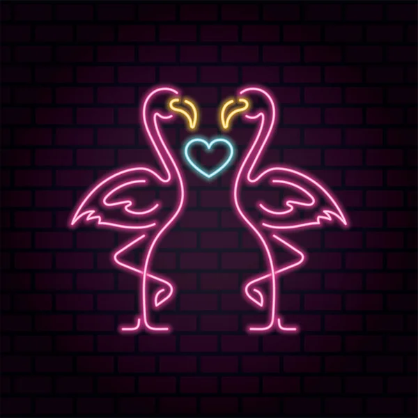 Para Zakochanych Flamingów Sercem Między Nimi Neonowa Ilustracja Szczęśliwych Walentynek — Wektor stockowy