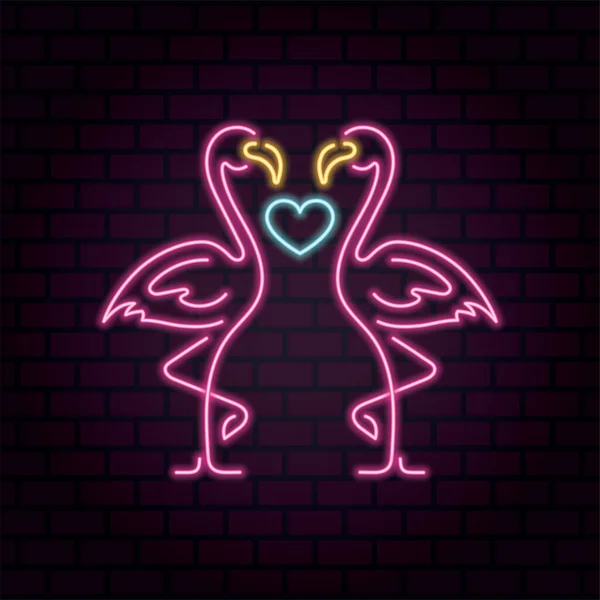 Aralarındaki kalbe aşık bir çift flamingo. Neon illüstrasyon. Sevgililer Günün kutlu olsun. Tuğla duvardaki parlak bayrak.