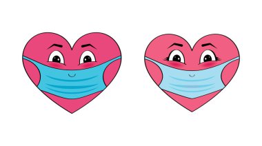 Maskeli ve eldivenli parlak vektör kalpler. Sevgililer Günü. Koronavirüsü durdurun. Lütfen mesafenizi koruyun ve önleyici tedbirler alın..