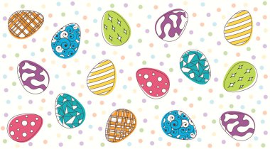 Paskalya yumurtalarının desenli ve noktalı parlak vektör arkaplanı. Siyah muşamba ve boya lekeleri..