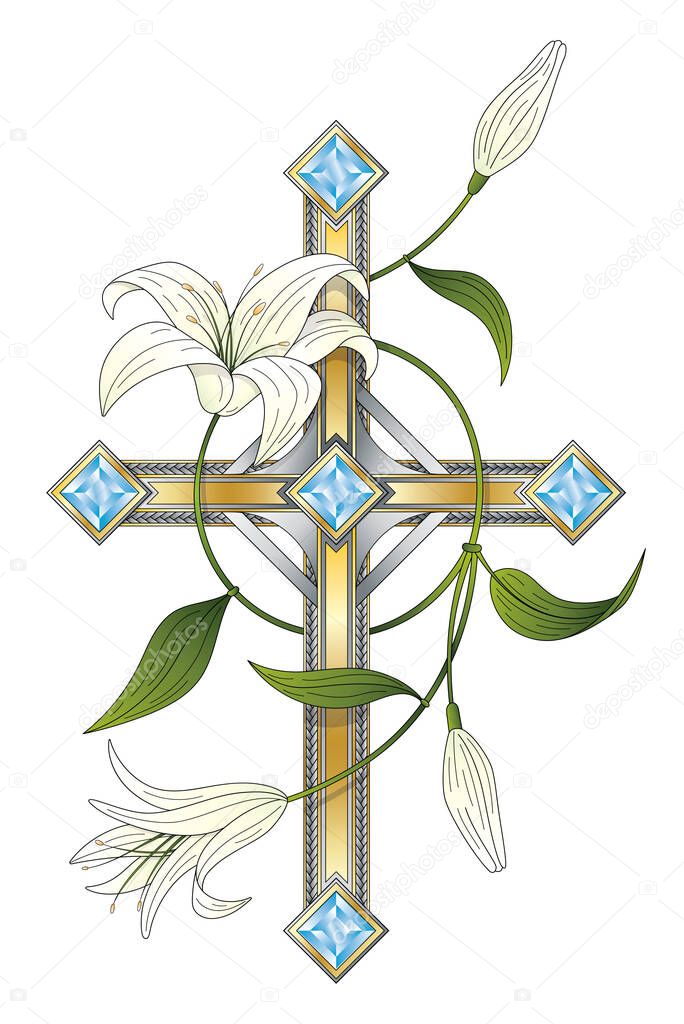 Sketch of an American traditional old school tattoo Christian Catholic cross with white lilies