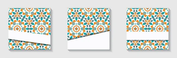 Light vector square templates for posts, stories in social networks with a copy space. Ethnic, Moroccan, Islamic mosaic in light colors. Orange, blue, and emerald tones.