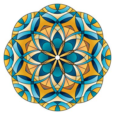 Yuvarlak süslemeli, sarı ve mavi renkli cam mandala.