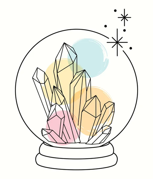 Line art with watercolor spots healing magic crystals in a crystal ball — Stock Vector