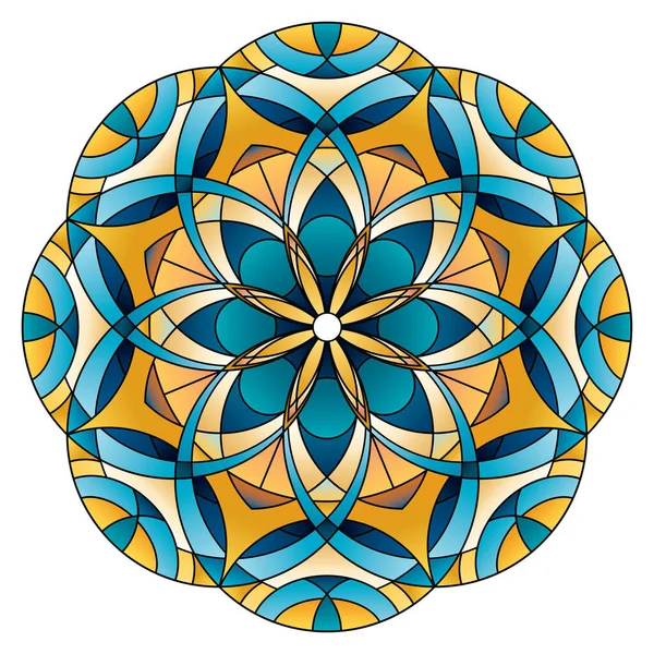 Ornement rond oriental mandala en verre teinté dans les couleurs jaune et bleu — Image vectorielle