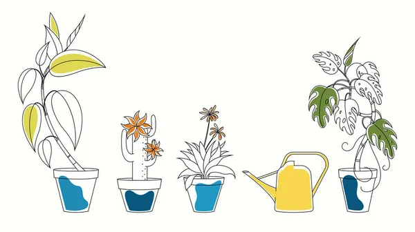 Definir a arte linha de ilustrações plantas em casa em vasos e uma lata de rega amarela Vetores De Stock Royalty-Free