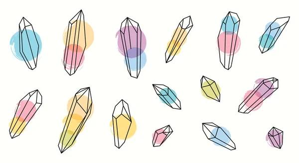 Set of vector magic colored healing crystals. Line art and watercolors. — Stock Vector