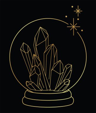 Vektör altın çizgili sanat illüstrasyonu. Cam bir kürenin içindeki minimalist iyileştirici kristaller. Alternatif tıp, ezoterizm, reiki, kehanet. Kutsal nesne. Metalik etki