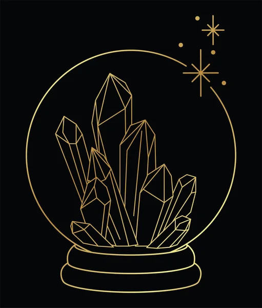 Vektör altın çizgili sanat illüstrasyonu. Cam bir kürenin içindeki minimalist iyileştirici kristaller. Alternatif tıp, ezoterizm, reiki, kehanet. Kutsal nesne. Metalik etki