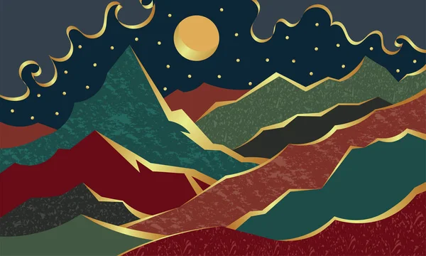 Soyut dağların, tepelerin ve tarlaların minimalist temsili. Aylı yıldızlı gece gökyüzü. Soyut dokular, altın çizgiler, metalik etkiler..