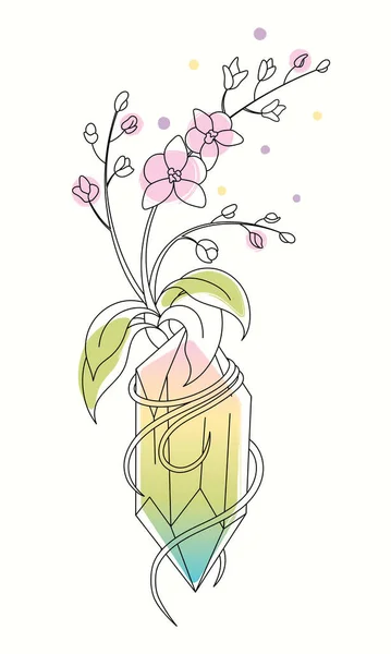 Linie Kunst Heilkristall mit einer Orchidee, die aus ihm heraus wächst. Magische Lebensenergie — Stockvektor