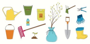 Bahçe ve tarım için parlak vektör çizgisi sanat aletleri. Bahar ve yaz ekimi
