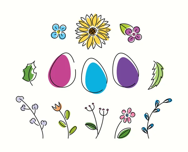 Heldere lente set van eieren en bloemen. Gelukkige Pasen minimalistische pictogrammen — Stockvector