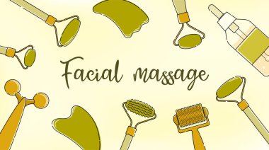 Yüz masajı için çizgili duvar kağıdıyla bulanık bir duvar kağıdı. Gua sha, silindir, heykel, yağ.