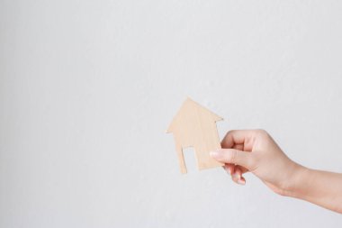 Beyaz arkaplan üzerinde ev ele.