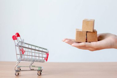 Paket kutusunu el arabasında ya da alışveriş arabasında taşıyan kadın, e-ticaret konsepti, teslimat hizmeti konsepti.