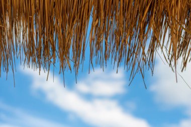 Straw Beach Şemsiyesi çok güzel bir gökyüzü. Uzay saatini kopyala..