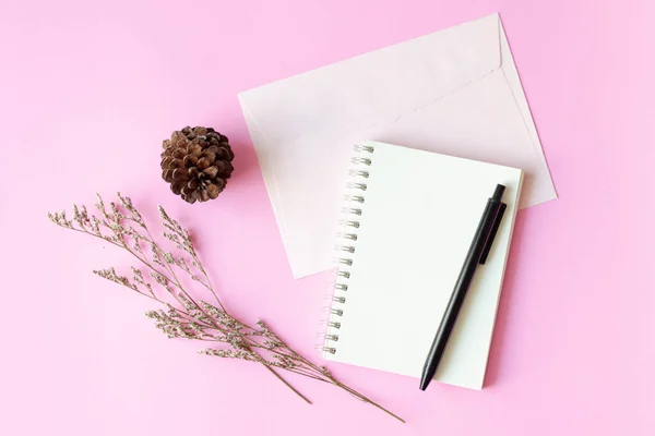 Top View Blank Paper Notebook Pen Dry Flowers Pine Cone — Stock Photo, Image