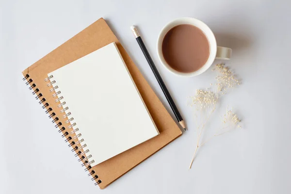 Flat Lay Paper Notebook Pencil Cup Coffee Dry Flowers Copy — Stock Photo, Image