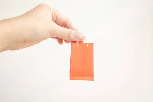 Bolso Mano Mujer Sosteniendo Compras Sobre Fondo Blanco —  Fotos de Stock