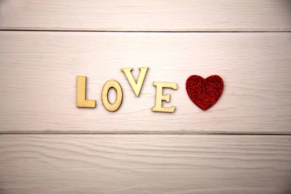 Word Love Made Wooden Letters Light Wooden Background Hearts Valentine — ストック写真