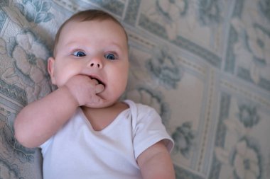Beyaz tulumlu tombul, mavi gözlü bir bebek yatakta gülüyor, gülüyor ve şaşırıyor. Kameraya bak. Bebek parlak bir oyuncak yiyor ve kameraya bakıyor. Büyük portreler. Seçici odak