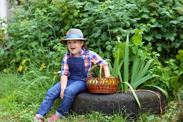 Pequeño Granjero Niño Lindo Feliz Niña Con Una Camisa Cuadros — Foto de Stock