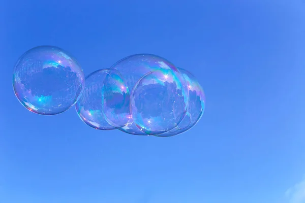 Grandes Burbujas Jabón Brillantes Contra Fondo Del Cielo Los Árboles — Foto de Stock