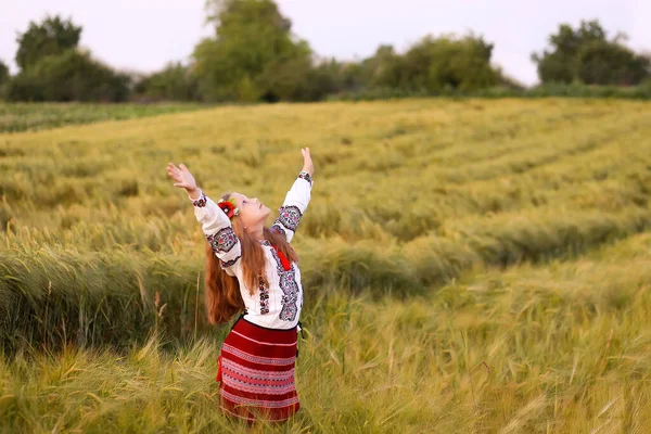 Frumoasă Ucraineană Îmbrăcată Într Costum Ucrainean Cămașă Brodată Plakhta Mac — Fotografie, imagine de stoc